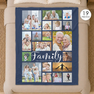 Modern FAMILJ 19 Fotocollage Script Hjärtan Marinb Fleecefilt