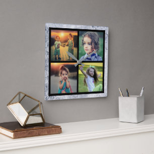 Modern familj 4 foton, fotokollage fyrkantig klocka
