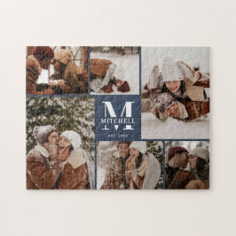 Modern familj 6 Photo Collage Navy Blue Keepsak Pussel