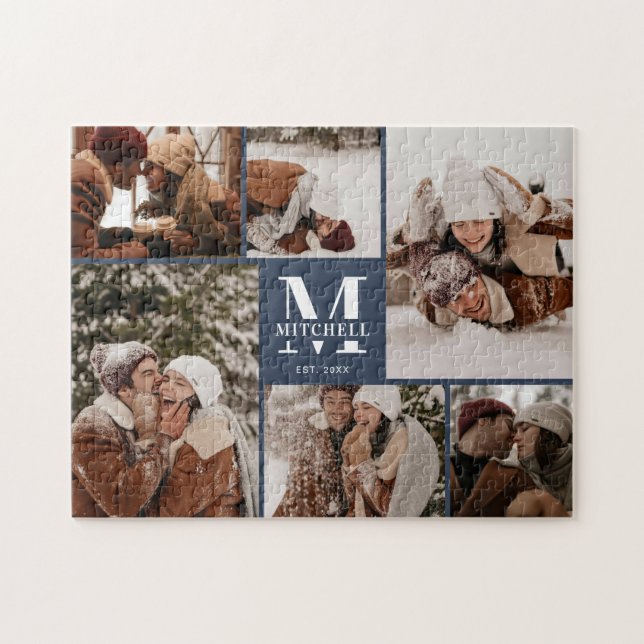 Modern familj 6 Photo Collage Navy Blue Keepsak Pussel (Horisontell)