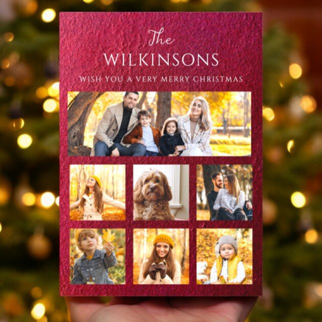 Modern familj av julfoto julkort (festive modern 7 photo collage , personalized christmas  red )