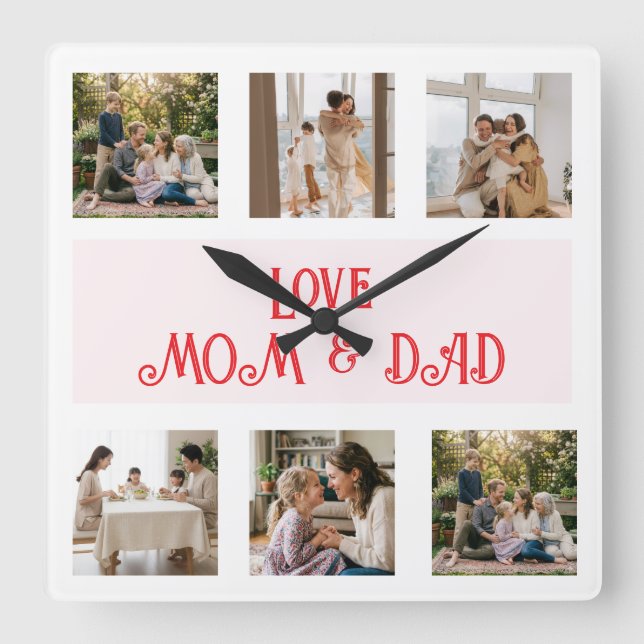 Modern Familj Foto Collage Kärlek Fyrkantig Klocka (Framsida)