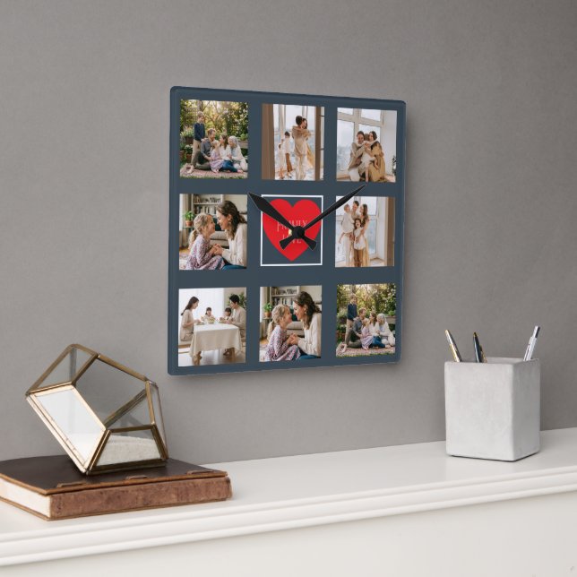 Modern Familj Foto Collage Kärlek Fyrkantig Klocka (Kontor)