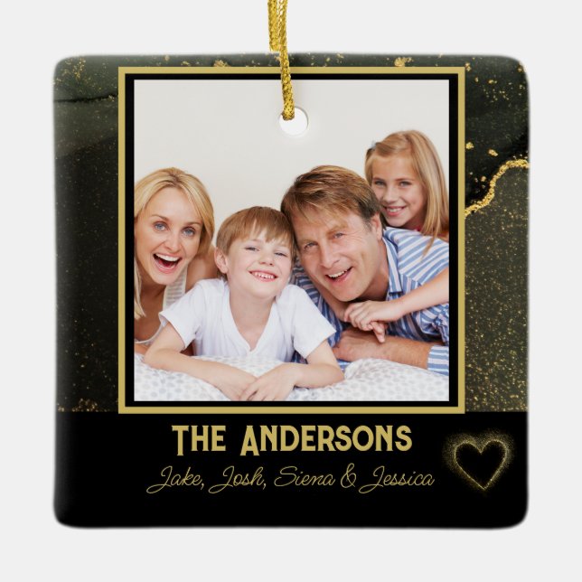 Modern Familj namn och fotosvart och guld Julgransprydnad Keramik (Framsida)