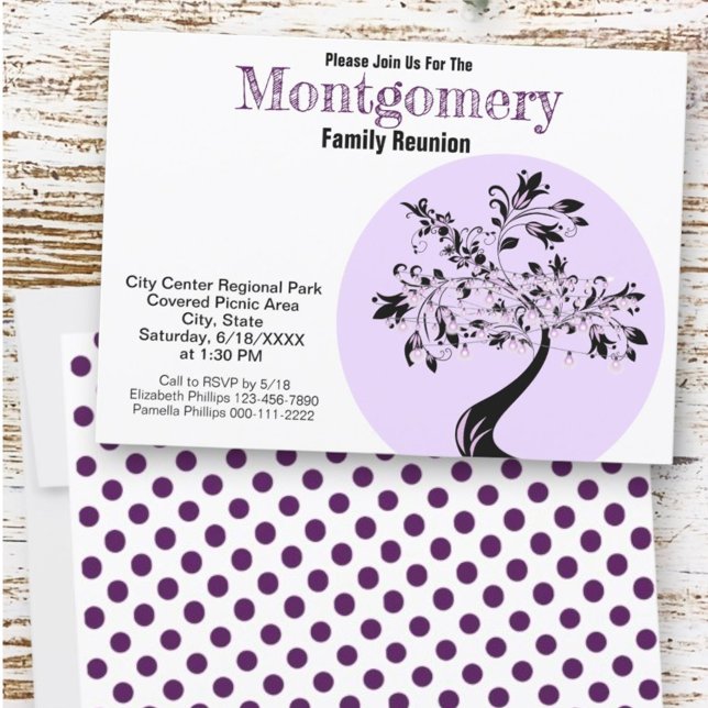 Modern familjeåterförening för Lila och svart Träd Inbjudningar (invitation front and back)