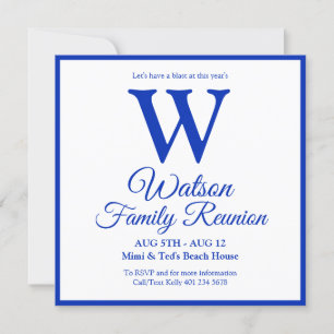 Modern familjeåterförening i Monogram Blue Rand Inbjudningar