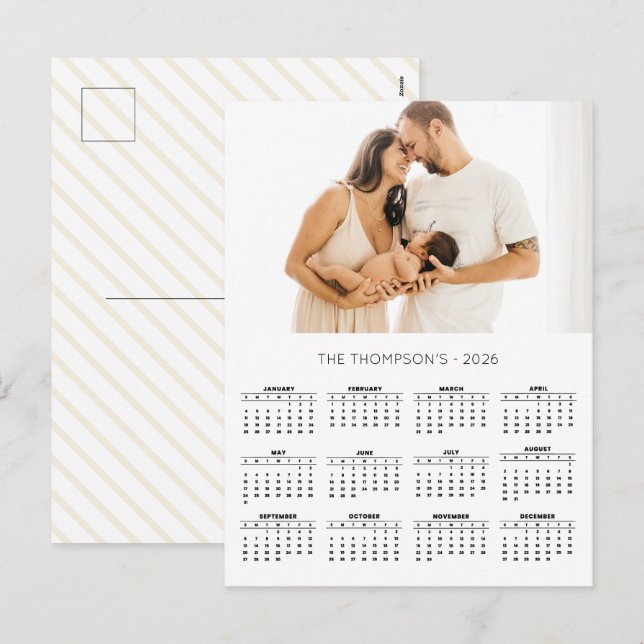 Modern familjefoto 2026-kalender 12 månader helg vykort (Fram/baksida)