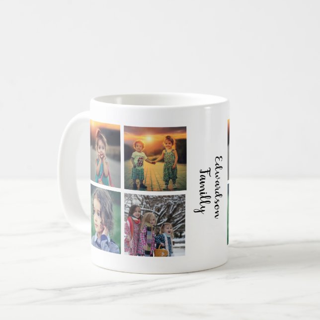 Modern familjefoto collage monogramnamn kaffemugg (Framsida vänster)