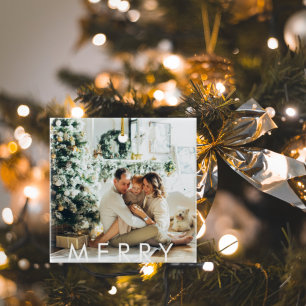 Modern familjefoto och Lycklig Helgdag & Merry Julgransprydnad Keramik