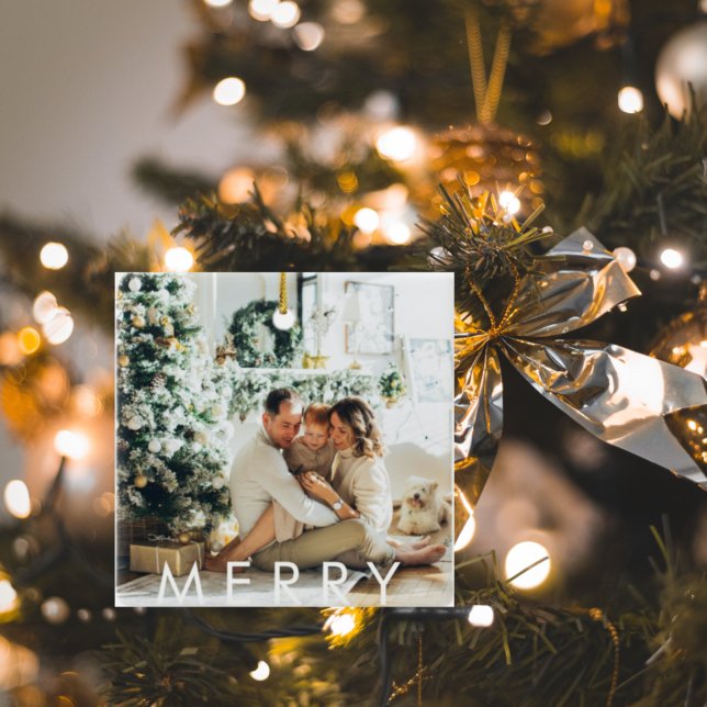 Modern familjefoto och Lycklig Helgdag & Merry Julgransprydnad Keramik (Skapare uppladdad)