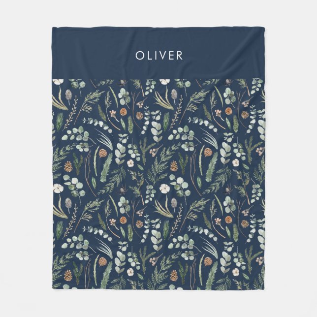 Modern familjegåva av blå botanisk elegant fleecefilt (Framsidan)
