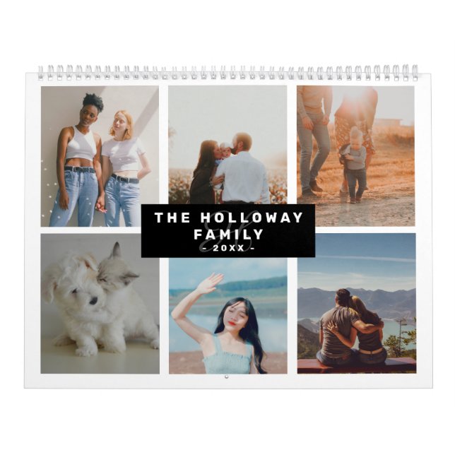Modern familjemonogram namn svart18-fotokollage kalender (Omslag)