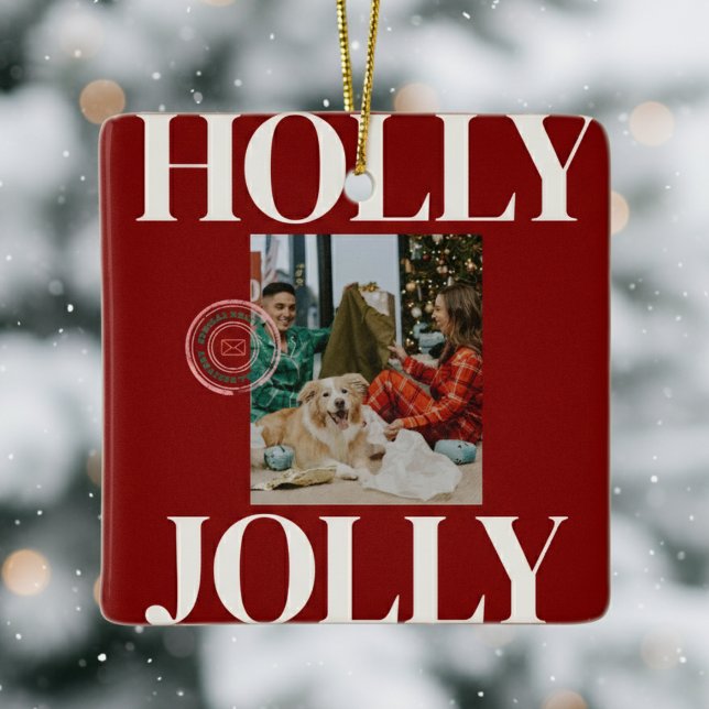 Modern familjs foto Cute Frimärke-Helgdag Julgransprydnad Keramik (Celebrate the season in bold style with this playful “Holly Jolly” ornament!)