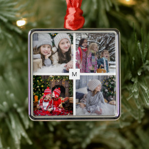 Modern familjs fotokollage med monogrammet jul julgransprydnad metall