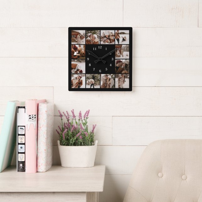 Modern Family 12 Photo Collage Black Keepsak Fyrkantig Klocka (Läsesal)