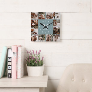 Modern Family 12 Photo Collage Monogram Sage Grönt Fyrkantig Klocka