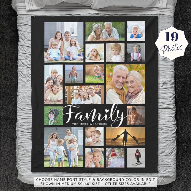 Modern FAMILY 19 Photo Collage Script Heart Black Fleecefilt (Skapare uppladdad)