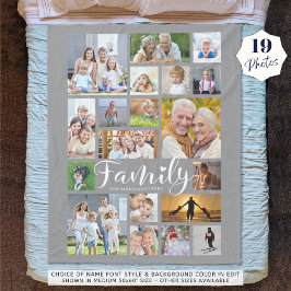 Modern FAMILY 19 Photo Collage Script Heart Grått Fleecefilt