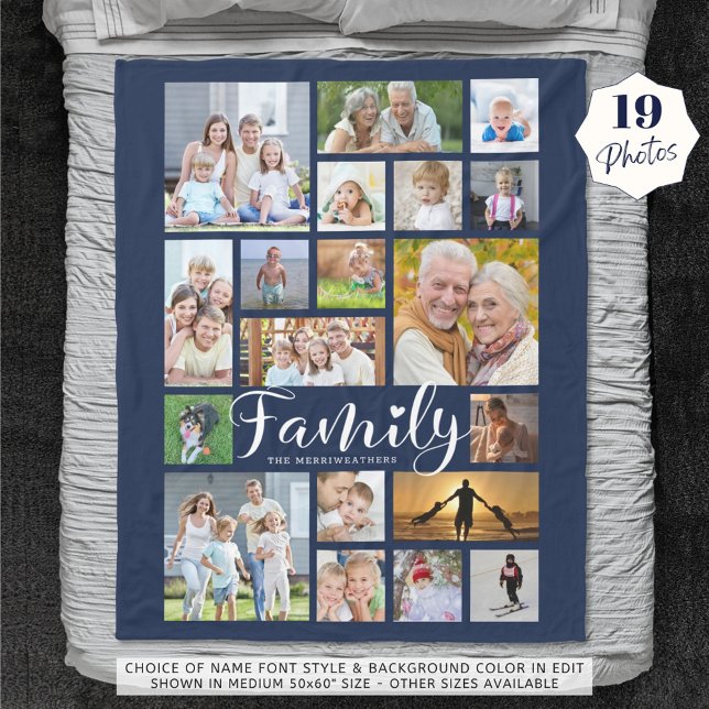 Modern FAMILY 19 Photo Collage Script Heart Navy Fleecefilt (Skapare uppladdad)