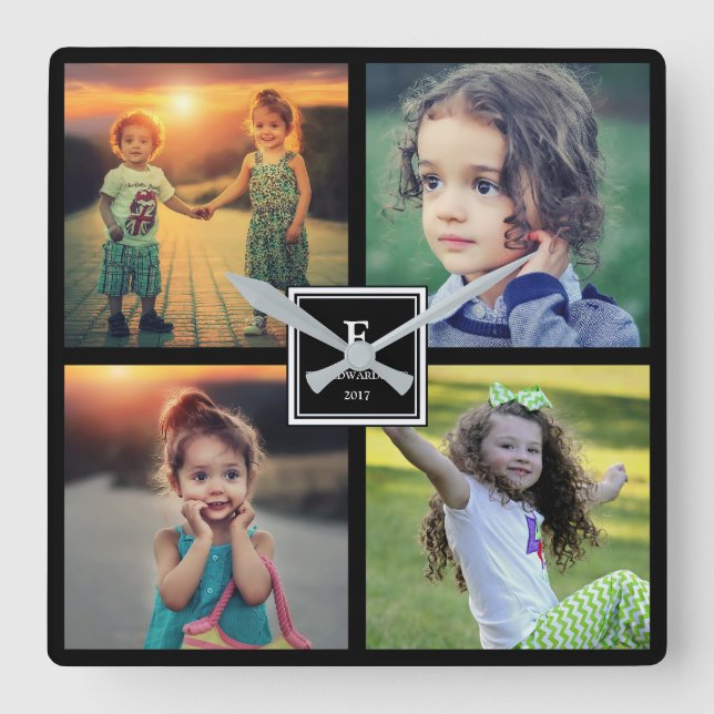 Modern Family fotocollage monogram namn Fyrkantig Klocka (Framsida)