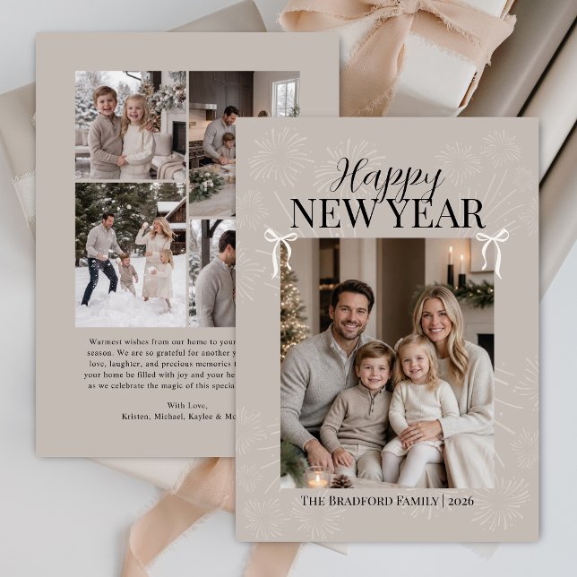 Modern Family Nyår Fotokollagekort Julkort (Modern elegant Happy New Year card with family photo, coquettes, and subdued fireworks with collage.)