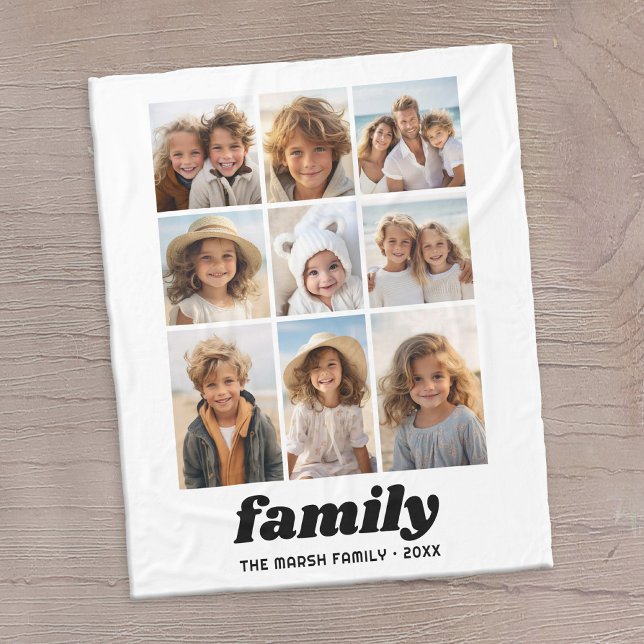 Modern Family Photo Collage 9 Photos White Minimal Fleecefilt (Family photo blanket with 9 photos)