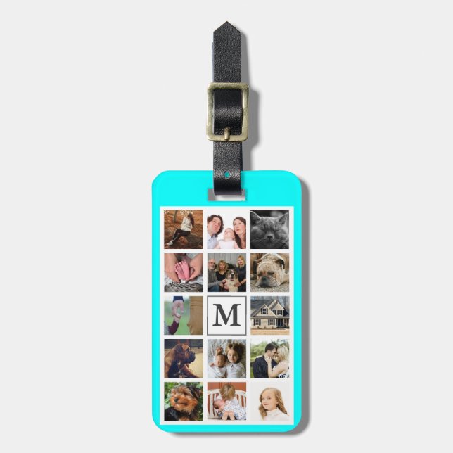 Modern Family Photo Collage & Cyan | Monogram Bagagebricka (Vertikal Framsida)