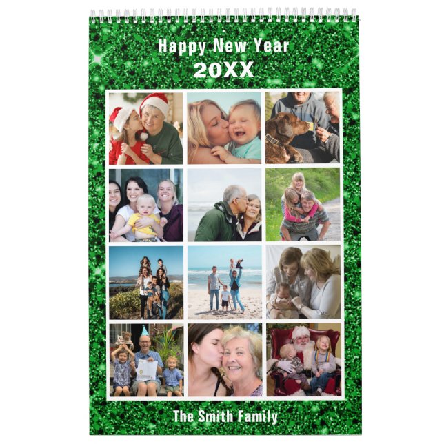 Modern Family Photo Collage Grönt Glitter Anpassni Kalender (Omslag)