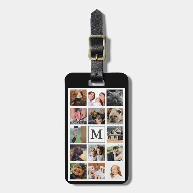 Modern Family Photo Collage in Black | Monogram Bagagebricka (Vertikal Framsida)