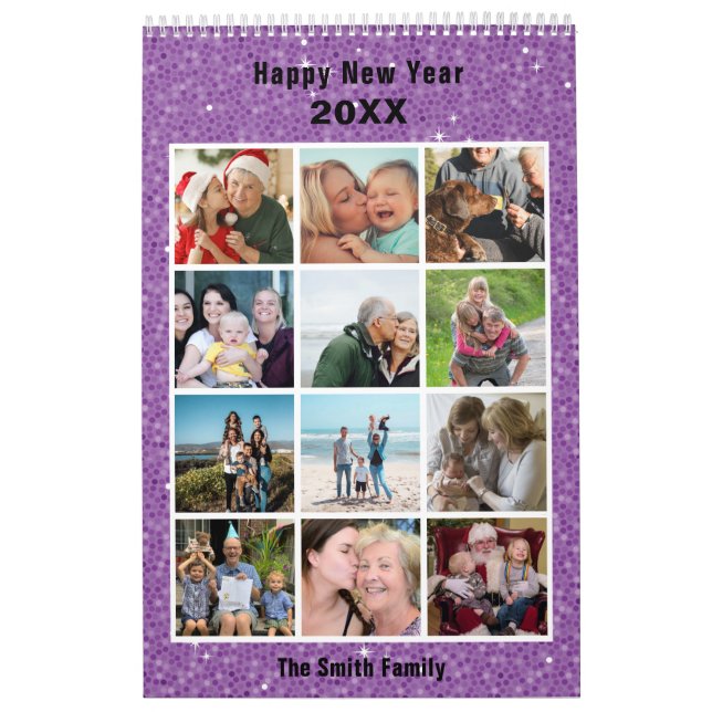 Modern Family Photo Collage Lila Glitter Anpassnin Kalender (Omslag)