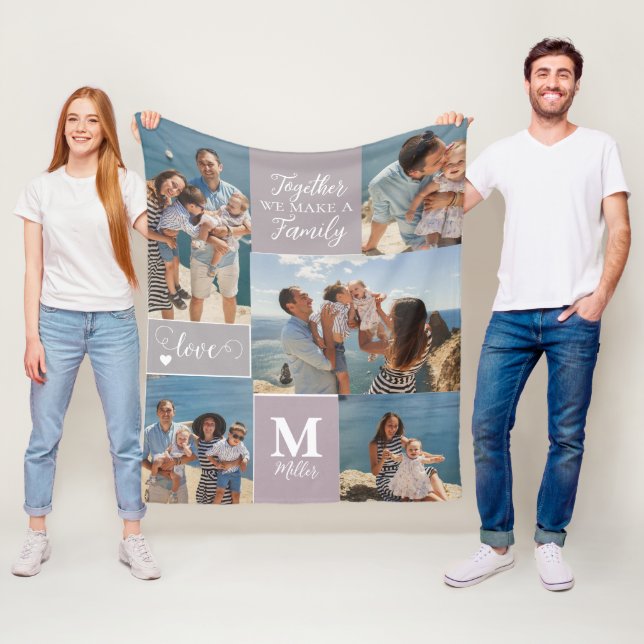 Modern FAMILY Photo Collage Monogram Namn 5 foton Fleecefilt (På plats)