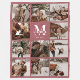 Modern Family Photo Collage Monogrammed Dusty Rosa Fleecefilt