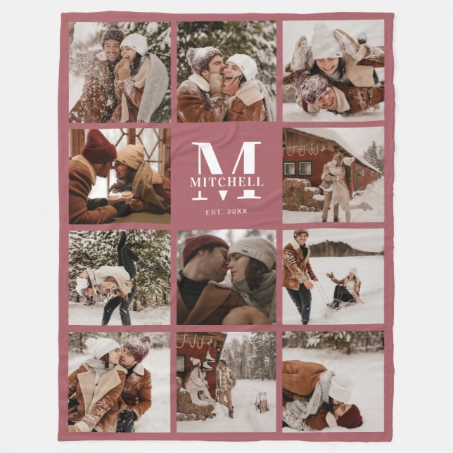 Modern Family Photo Collage Monogrammed Dusty Rosa Fleecefilt (Framsidan)