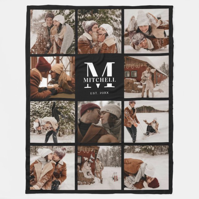 Modern Family Photo Collage | Monogrammed Keepsaké Fleecefilt (Framsidan)