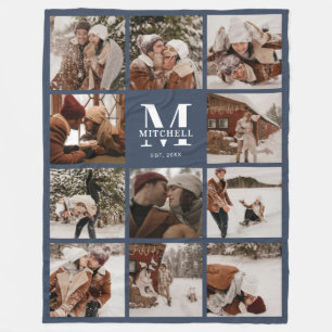 Modern Family Photo Collage Monogrammed Navy Blue Fleecefilt