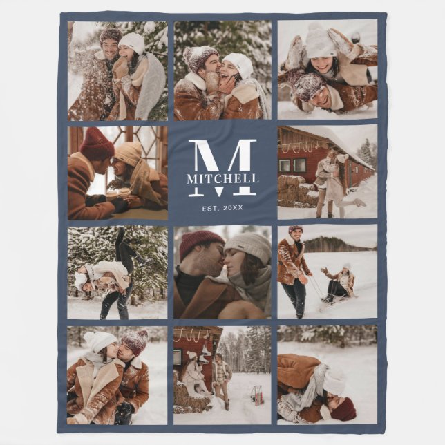 Modern Family Photo Collage Monogrammed Navy Blue Fleecefilt (Framsidan)