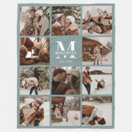 Modern Family Photo Collage Monogrammed Sage Grönt Fleecefilt