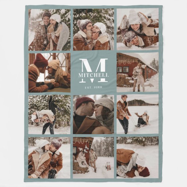 Modern Family Photo Collage Monogrammed Sage Grönt Fleecefilt (Framsidan)