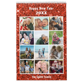 Modern Family Photo Collage Red Glitter Anpassning Kalender