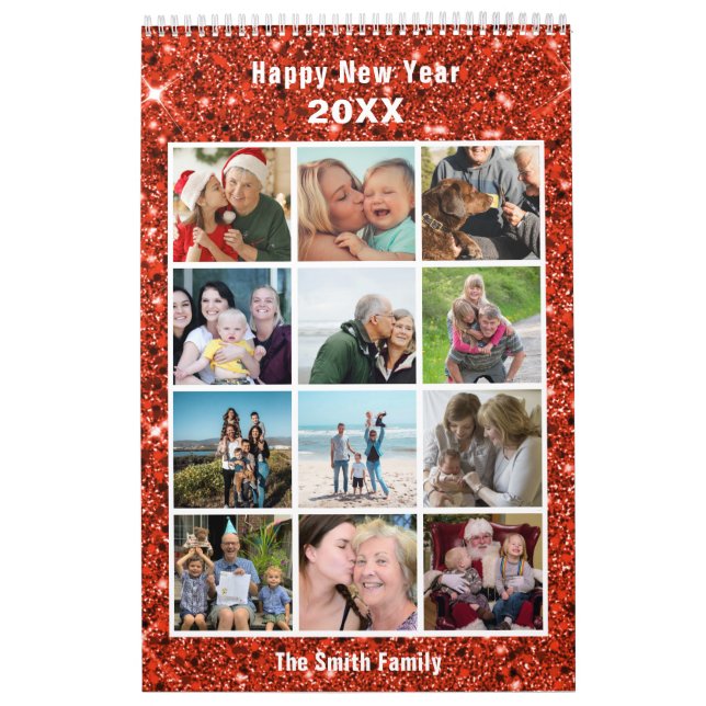 Modern Family Photo Collage Red Glitter Anpassning Kalender (Omslag)