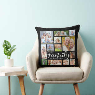 Modern FAMILY Photo Collage Script Heart Black Kudde