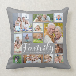 Modern FAMILY Photo Collage Script Heart Grått Kudde