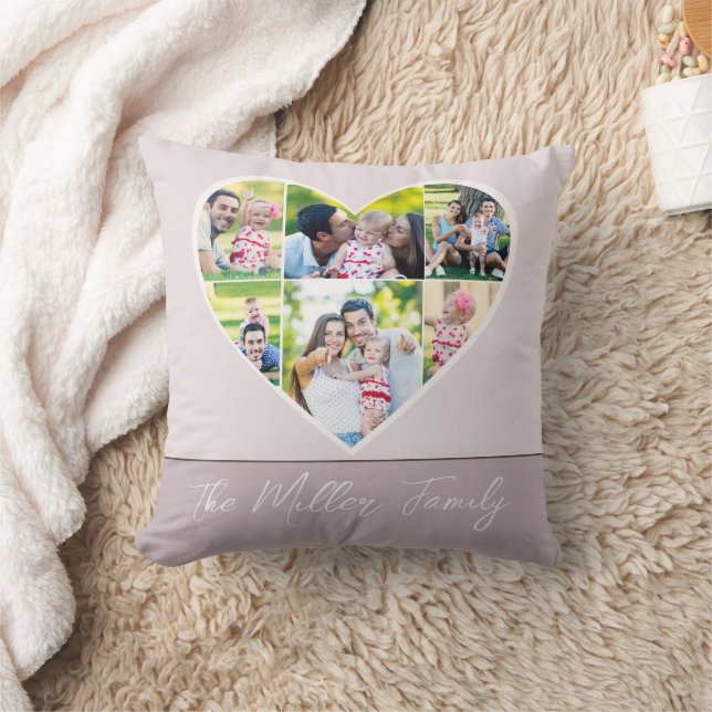 Modern FAMILY Photo Collage Script Heart med Namn Kudde (Filt)