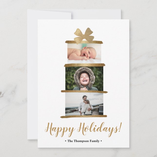 Modern Family Photo Guld Bow Gift Glad helg Julkort (Framsida)
