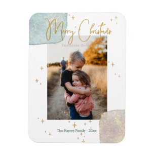 Modern Family Photo Merry Script Guld Watercolor M Magnet