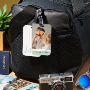 Modern Family Photo & Personlig Namn Mint Gift Bagagebricka