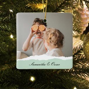 Modern Family Photo & Personlig Namn Mint Gift Julgransprydnad Keramik