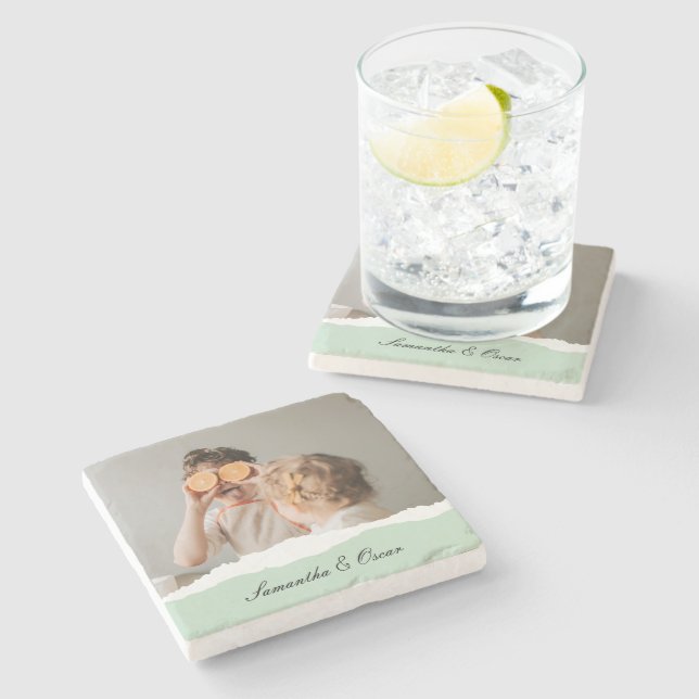 Modern Family Photo & Personlig Namn Mint Gift Stenunderlägg (Sidan)