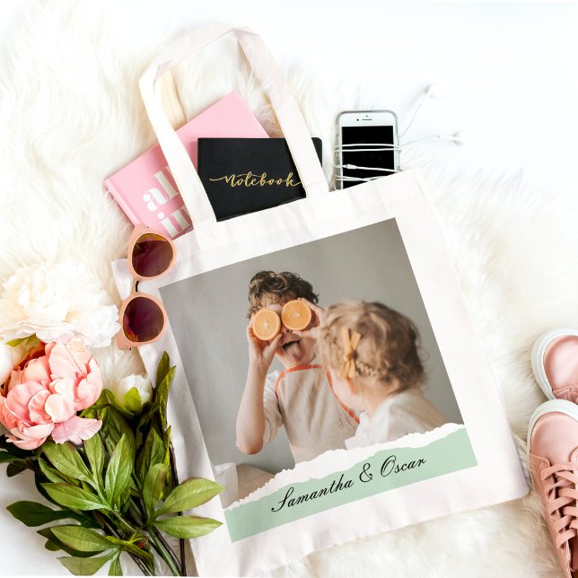 Modern Family Photo & Personlig Namn Mint Gift Tygkasse (Skapare uppladdad)