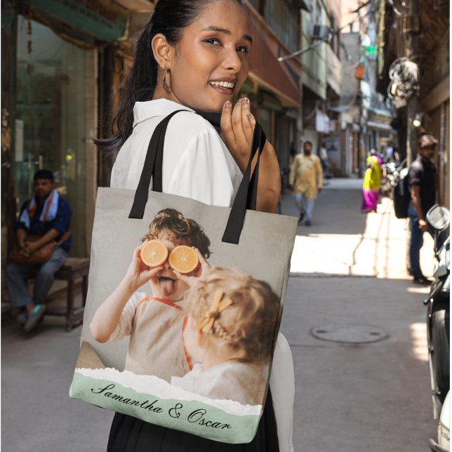 Modern Family Photo & Personlig Namn Mint Gift Tygkasse (Skapare uppladdad)